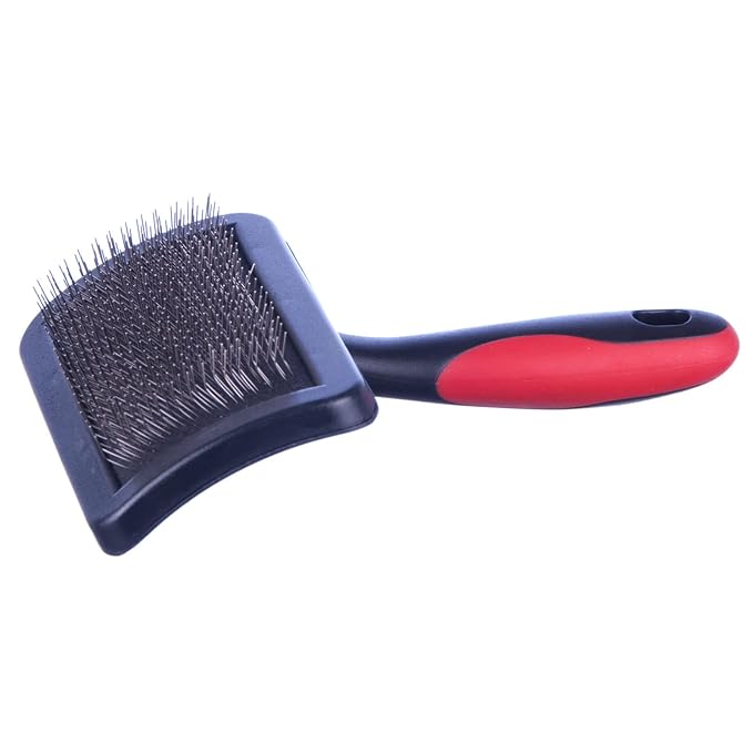 Jeffers Pet Hard Pin Universal Slicker Brush for Dogs & Cats – Firm Bristles, Curved Head for Tough Mats & Tangles, Non-Slip Grip, Best for Thick Coats, Heavy Matting – Black, Red - Medium