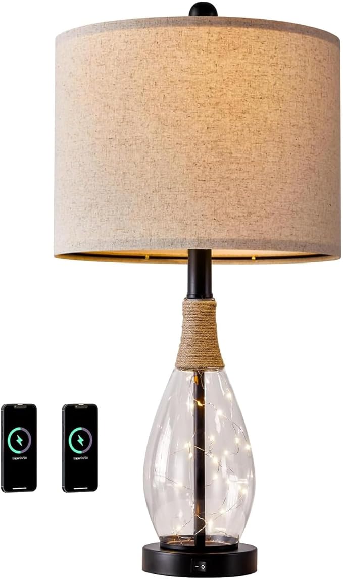 OYEARS 23" USB A+C Table Lamp for Bedroom Living Room Modern Bedside Lamps Retro Farmhouse Rattan Glass Nightstand Nightlight Lamps (Black),Two Light Points