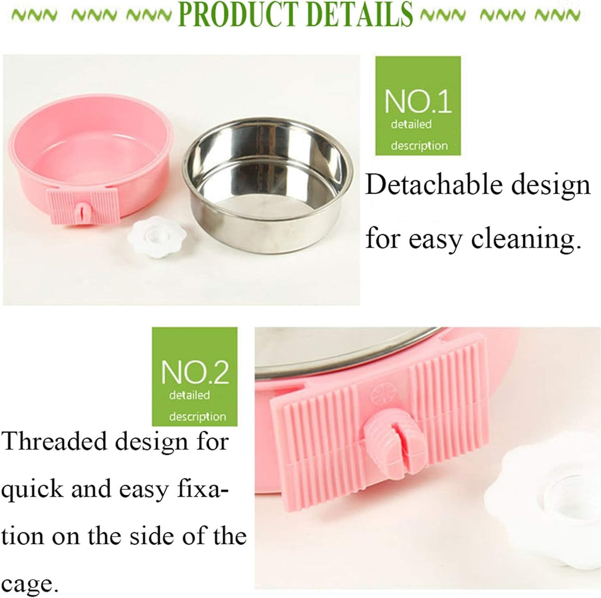 kathson Crate Dog Bowl, Removable Stainless Steel Hanging Pet Cage Bowl Food & Water Feeder Coop Cup for Cat, Puppy, Birds, Rats, Guinea Pigs 2pcs(Blue,Pink)