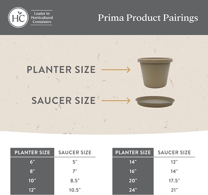 The HC Companies 6 Inch Prima Round Planter Pots with Drainage Holes and Rolled Rim, Lightweight UV-Resistant Plastic Indoor & Outdoor Planters, 4-Pack Flower Pots for Garden & Home Decor, Cappuccino