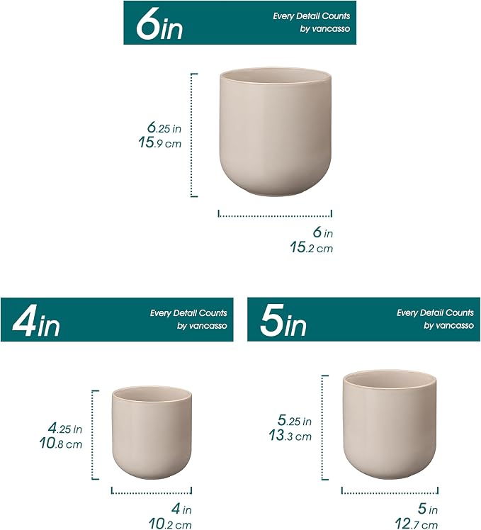 vancasso Ceramic Plant Pots, 4+5+6 inches, Set of 3, Planters with Drainage Hole, Flower Pots Planters Pots for Indoor Plants, Modern Indoor Decorative Garden Pot, Home Decor, Gray