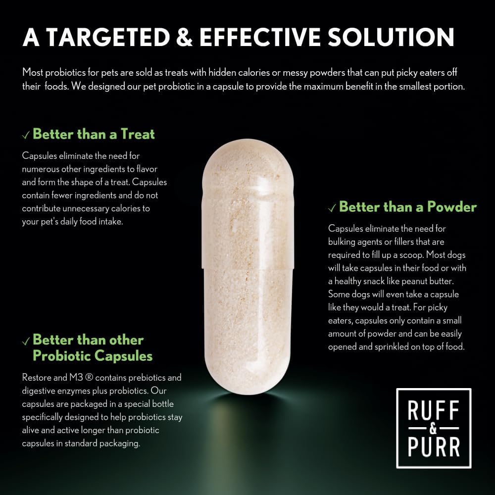 Ruff & Purr Probiotics for Dogs – 3-in-1 Probiotics, Prebiotics and Digestive Enzymes for Gut Health, Immune Support, Healthy Skin and Coat – Clinically Studied DE111 & PreforPro