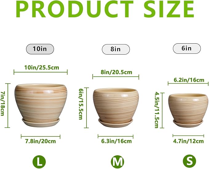 Ceramic Pots for Plants - 10 Inch 8 Inch 6 Inch Plant Pots with Drainage Holes and Saucers Large Planters for Indoor Plants Decorative Outdoor Flower Pots Set of 3 Yellow