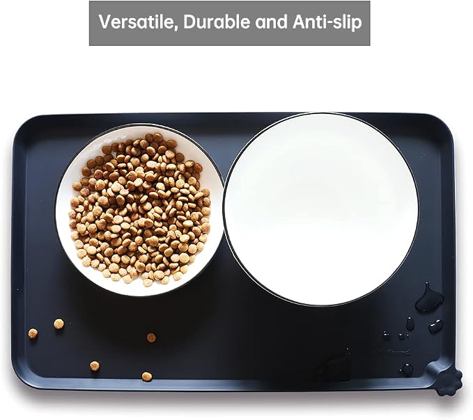 Hoki Found Silicone Pet Food Mats Tray - Non Slip Pet Bowl Mats Placemat - Dog Cat Feeding Mat - Waterproof Dog Food Mats -Pet Water Mats for Floors -Black