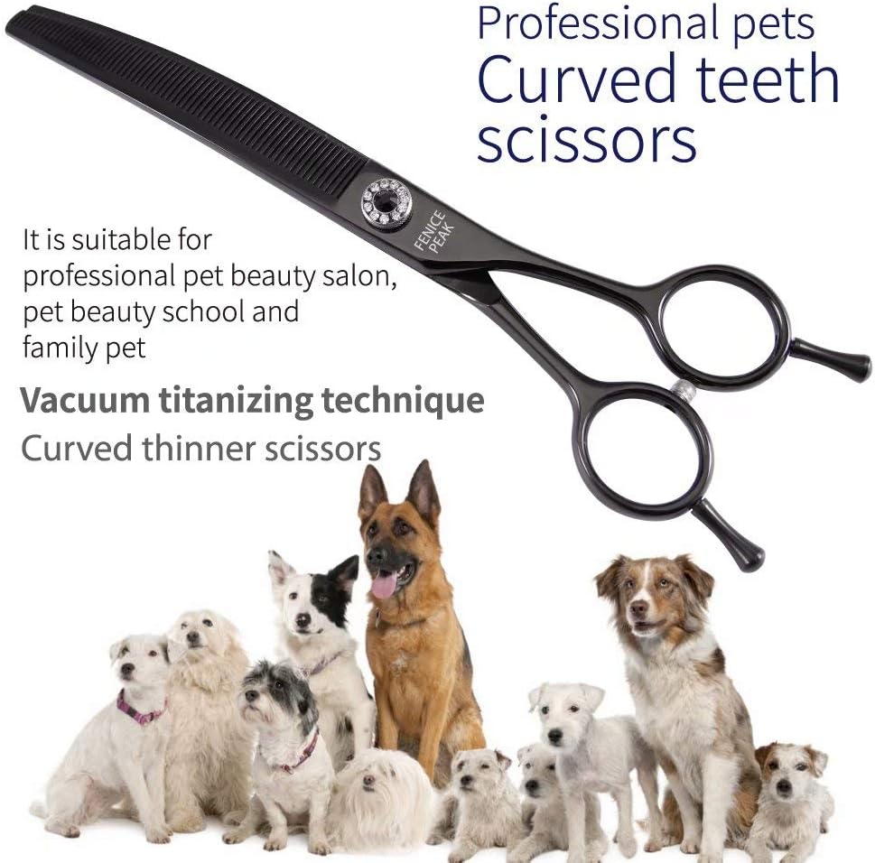Fenice Peak Professional Dog Grooming Scissors Pet Curved Thinning Shears 7.0'' Extremely Sharp Blades 440C Steel Thinning Scissors Durable Smooth Motion & Fine Cut for Dogs and Cats(Black)