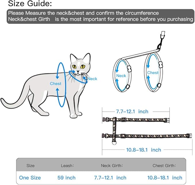 Cat Harness and Leash Set Gold Moons Stars Soft Nylon Escape Proof Adjustable for Kittens Small Animals Glow in The Dark (Black)