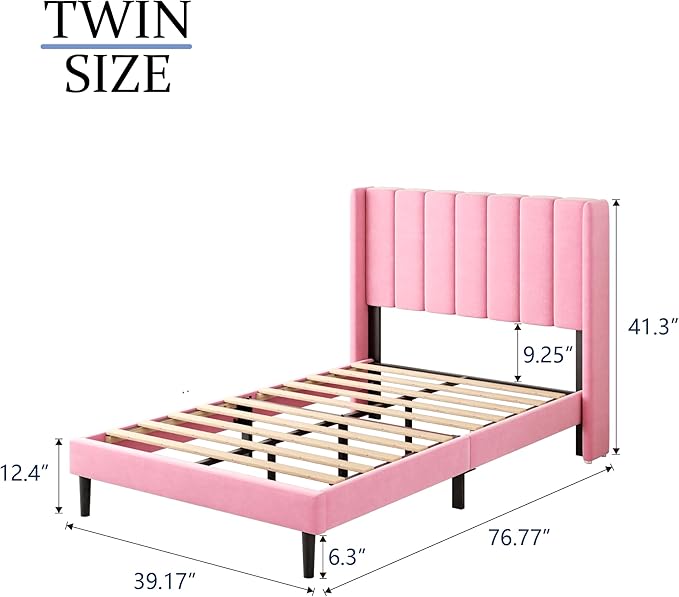 Twin Size Bed Frames with Wingback Headboard Easy Assemnly Platform Bedframe, Sturdy Wooden Slat Support No Box Spring Needed, Pink Velvet