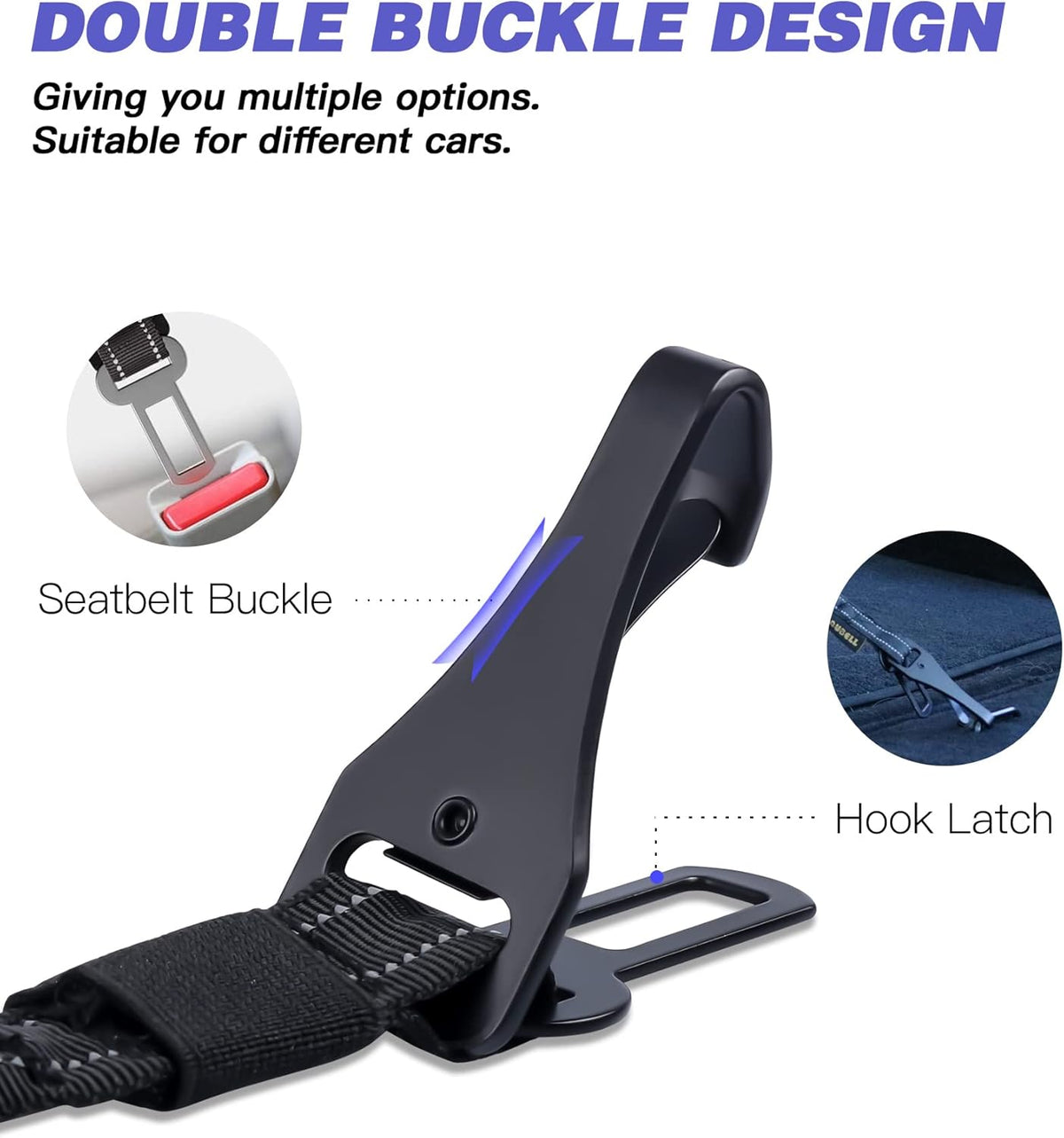 AUBELL Dog Seat Belt for Car,Updated 3-in-1 Adjustable Reflective Bungee Heavy Duty Dog Car Harness Tether with Clip Hook Latch & Buckle,Swivel Zinc Alloy Carabiner,Black