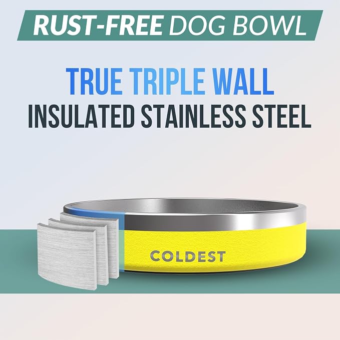 Coldest Dog Bowl - Anti Rust Metal, Non Slip, 3 Layers Insulated Stainless Steel Dog Bowls - Spill Proof & Heavy Duty - Water Bowl for Dogs, Cats & Pets, Dish Washer Safe (21 oz, Solar Yellow)