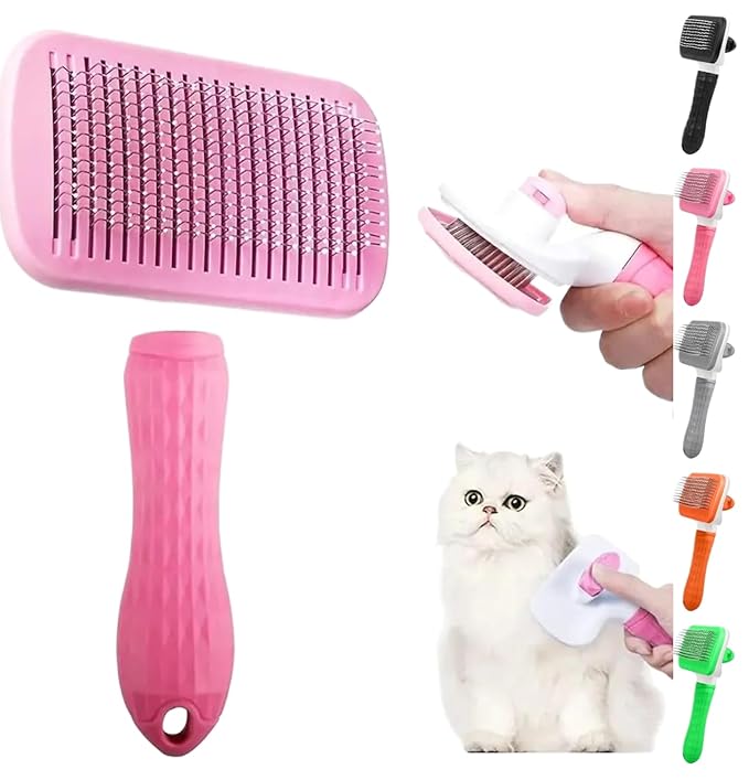 Generic Pink Cat grooming brush, Pet hair brush with Massage Particles, Self Cleaning Dematting Comb for Dogs and Cats, Easy to Use, Ergonomic Handle Design