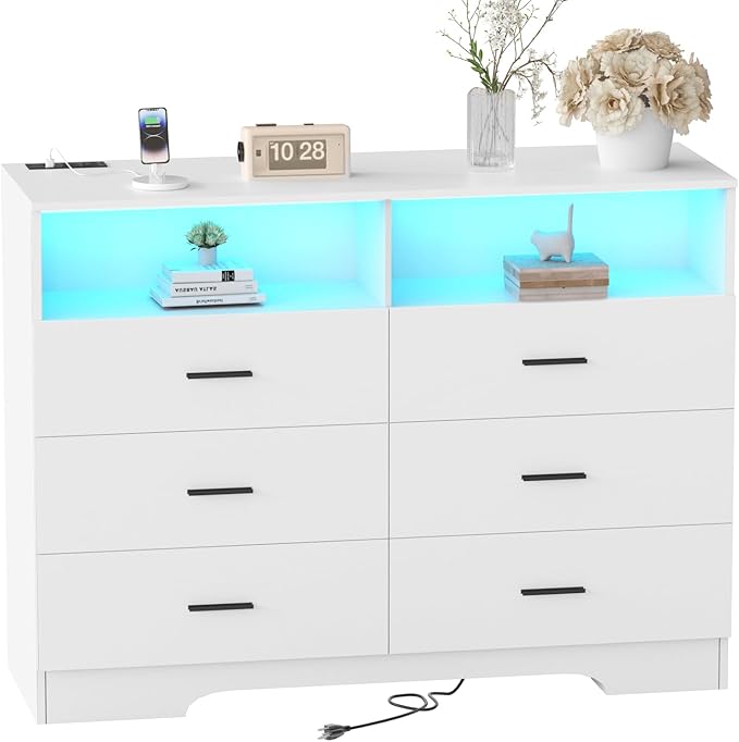 Dresser with Power Outlets and LED Lights Wooden 6 Drawer Dresser with Large