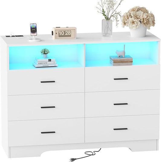 Dresser with Power Outlets and LED Lights Wooden 6 Drawer Dresser with Large