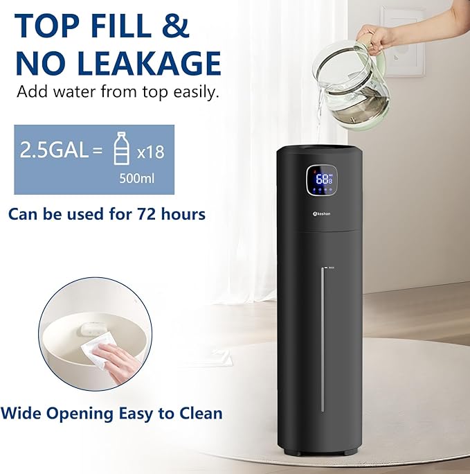 Akeshan Large Humidifiers for Bedroom, 9L/2.5Gal Ultrasonic Cool Mist, Top Fill