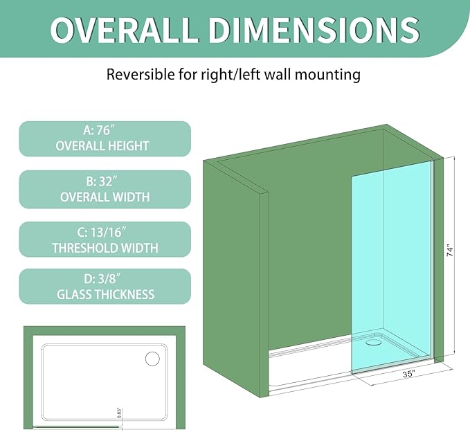35"x74" Semi-Framed Shower Screen, Single Fixed Shower Glass Panel