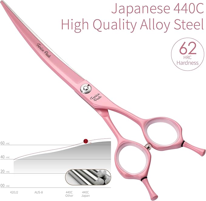 Fenice Peak Curved Dog Grooming Scissors with Pink Color Coating 440C Stainless Steel Pet Grooming Bending Shears Sharp and Durable Comfortable Engonomic Handle