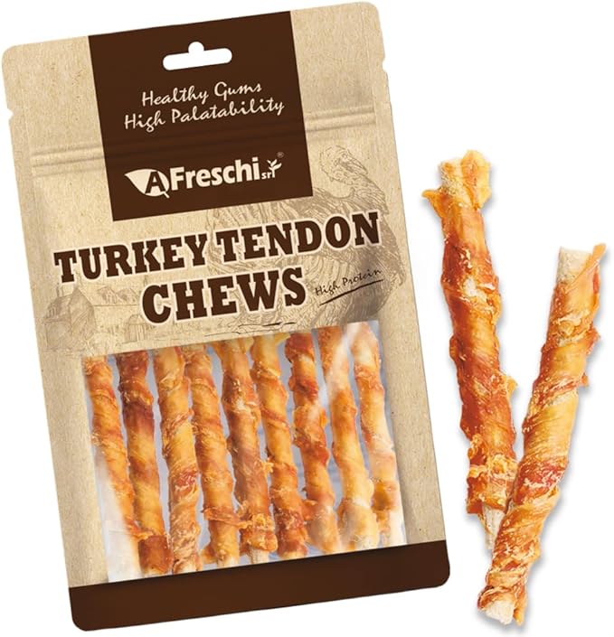 AFreschi Turkey Tendons for Dogs, USA-Sourced, Healthy Dog Treats, Rawhide-Free Puppy Chews, All Natural, Hypoallergenic Dog Treats, Classic Series, Turkey Tendon Wrapped Brown Rice Stick, 3.5 oz Pack