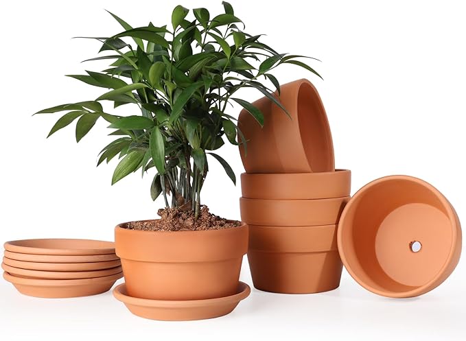 INGOFIN 5 Inch Terracotta Shallow Pots Set with Saucer - Ceramic Clay Pots with Drainage Hole, Terra Cotta for Plants for Indoor Outdoor Plants, Set of 6