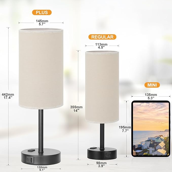 Fenmzee Touch Table Lamp - Beige, 3-Way Dimmable, USB A + C Charging, AC Outlet, 17.4inch Medium, Black Metal Base