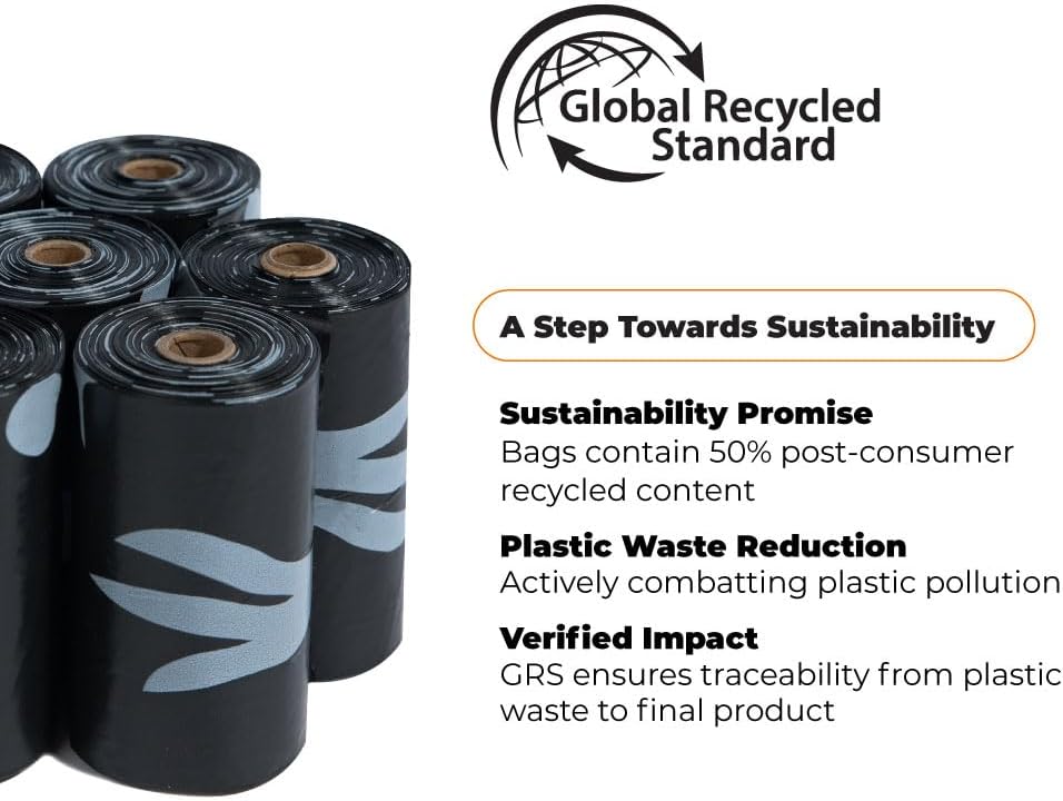 Best Pet Supplies Poop Bags for Dogs, 50% Post-Consumer Recycled Content dog waste bags on rolls, fits all poop bag holders for leashes - Black, 150 Count, Unscented