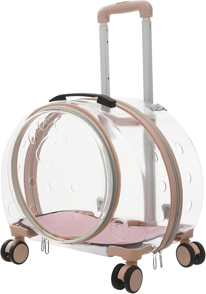 Cat Backpack Carrier, Transparent & Fully Breathable Hard cat Carrier with Rolling Wheels for Kitty Small Dog up to 19lbs, Multiple Carrying Options, Perfect for Travel Hiking, Pink, Clear