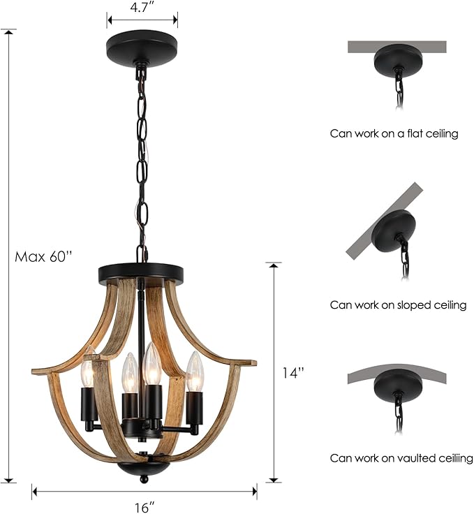 Farmhouse Hanging Pendant Lighting, 4-Light Rustic Flush Mount Ceiling Light Fixture,Modern Faux Wood Vintage Chandelier for Dining Room Kitchen Island Foyer Hallway Entryway Bedroom