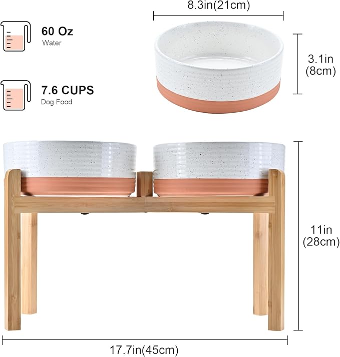 SPUNKYJUNKY Elevated Dog Bowls Ceramic, 8.3'' Dogs Food Water Bowls Raised with Non-Slip Bamboo Stand for Large Sized Breed Microwave Dishwasher Safe - 60 OZ,Pattern White