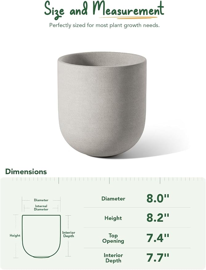 LE TAUCI 8 Inch Plant Pot, Ceramic Pot with Drainage Hole & Rubber Plug, Indoor Planter for Herbs & Small Houseplants, Cylinder Planter for Home Office, Neutral Gray