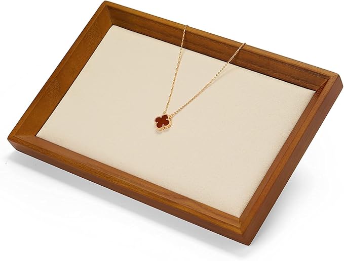 Oirlv Solid Wood Small Jewelry Tray Trade Showcase Countertop Jewelry Display Trays Rectangle Vanity Plate(Creamy-White, Small)
