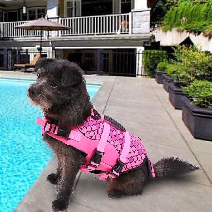 Dog Life Jacket Ripstop Shark Dog Safety Vest Adjustable Preserver with High Buoyancy and Durable Rescue Handle for Small,Medium,Large Dogs, Pink Fish Medium