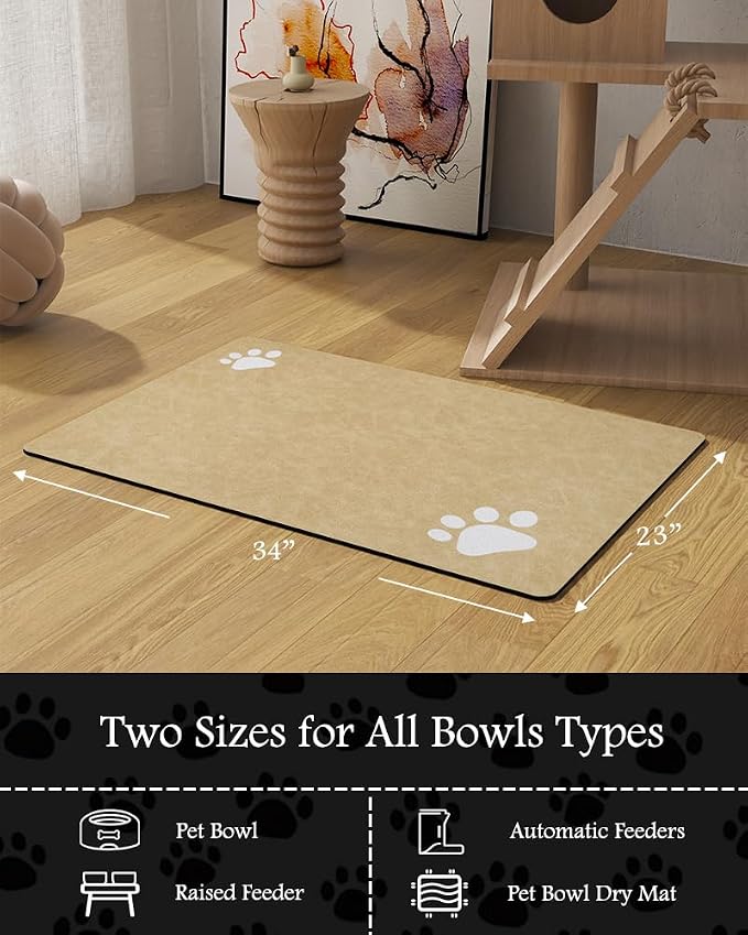 Pet Feeding Mat-Absorbent Dog Mat for Food and Water Bowl-No Stains Quick Dry Water Dispenser Mat-Dog Accessories Pet Supplies-Bowl for Messy Drinkers（Beige,23"x34"