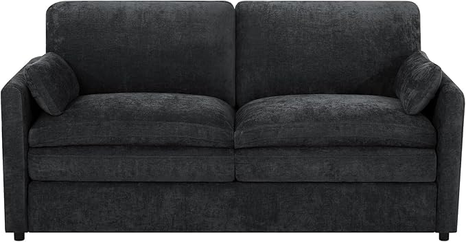 69" Chenille 2 Seats Sofa with 2 Pillows, Modern Upholstered Sofa with Deeper Seats, Comfy Sofa with Thickened Cushions for Living Room, Apartment, Black