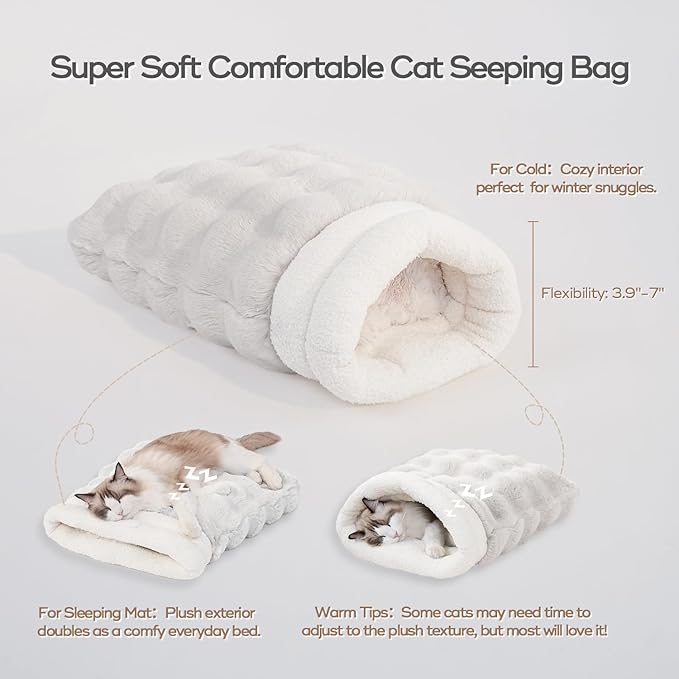 4 in 1 Cat Sleeping Bag Plush Self Warming Cat Bed Snuggle Bag Blanket Mat Cave (Small Cats Up to 15 lbs) White 21 × 17 Inch
