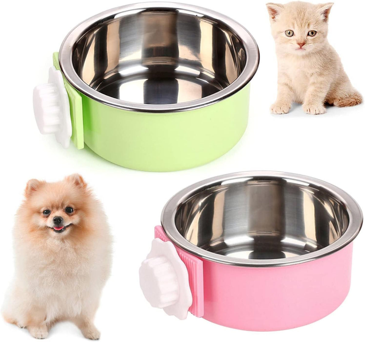 kathson Crate Dog Bowl, Removable Stainless Steel Hanging Pet Cage Bowl Food & Water Feeder Coop Cup for Cat, Puppy, Birds, Rats, Guinea Pigs 2pcs(Green,Pink)