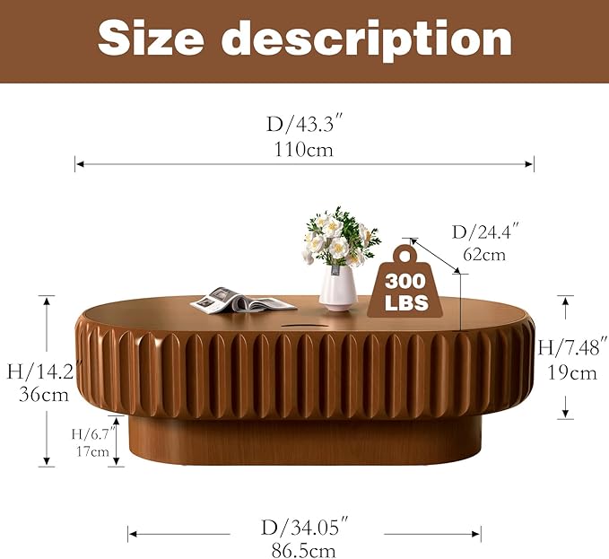 Oval Drum Coffee Table Fluted Coffee Table with Storage Center Table Pedestal End Table for Apartment (43.3in)