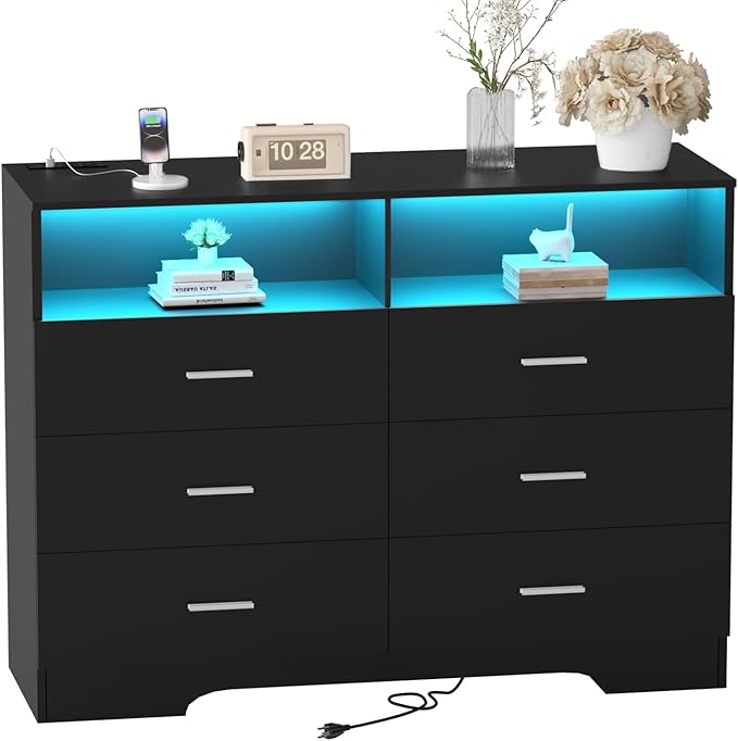 Dresser with Power Outlets and LED Lights Wooden 6 Drawer Dresser with Large