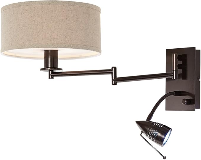 Possini Euro Design Radix Modern Swing Arm Adjustable Wall Lamp with Cord LED Bronze Plug-in Light Fixture Oatmeal Fabric Drum Shade Bedroom Bedside House Reading Living Room Home Hallway Dining