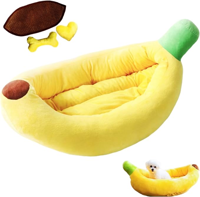 Banana Pet Bed for Small Dogs and Cats, Cozy Enclosed Calming Cave Bed with Removable Plush Cushion for Indoor Kittens Puppies Small Pets (Banana Bed + Blanket + Bone Toy, Large)