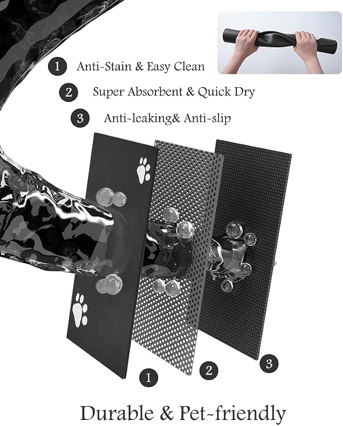 Pet Feeding Mat-Absorbent Dog Mat for Food and Water Bowl-No Stains Quick Dry Water Dispenser Mat-Dog Accessories Pet Supplies-Bowl for Messy Drinkers（Black,16"x24"