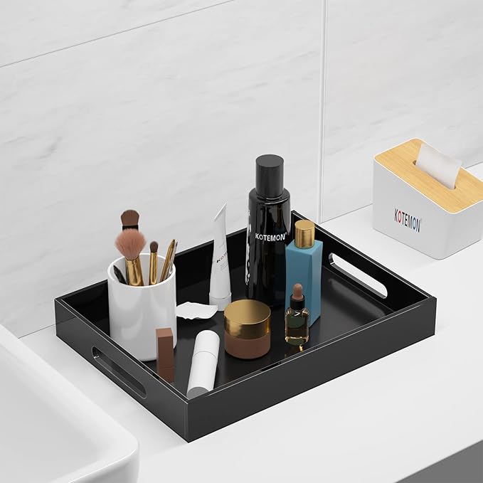 Acrylic Serving Tray with Handles-16x12x2.36Inch-Decorative Tray Letter Tray Organizer for Ottoman Coffee Table Countertop, Black