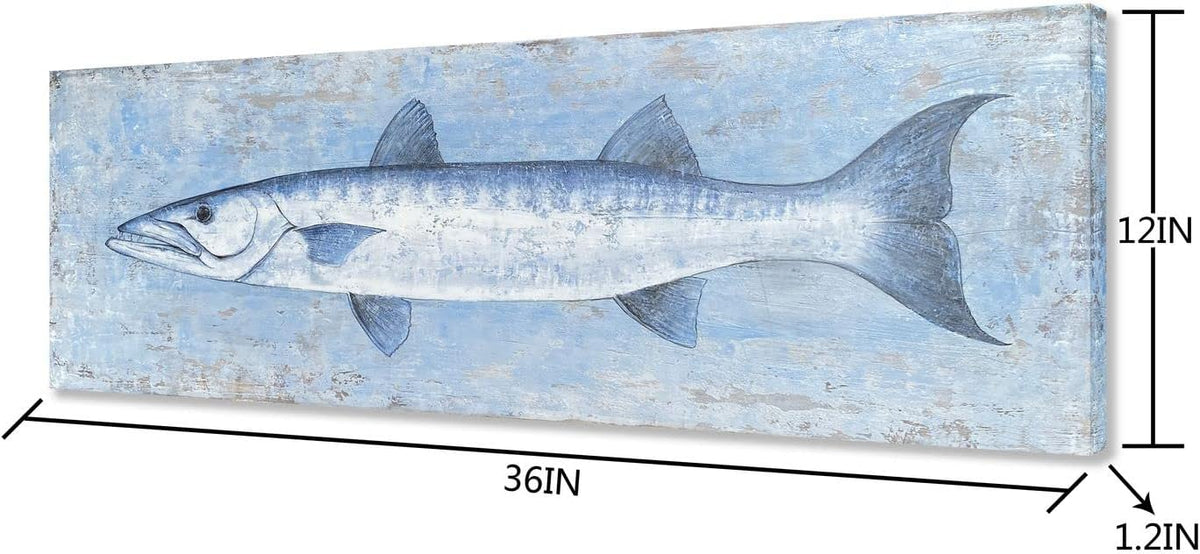 Yihui Arts Blue and White Fish Canvas Wall Art – Coastal Paintings with Textured for Living Room Bedroom Bathroom Decor