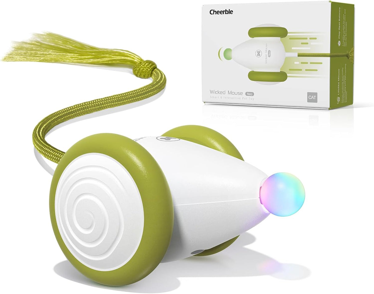 Cheerble Interactive Cat Toys for Indoor Cats, Automatic Moving Kitten Toys, Wicked Mouse Neo Cat Toy with Tail & Lights, Pet Cat Supplies, Rechargeable Cat Toys for Bored Indoor Adult Cats,Green