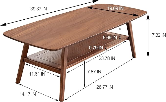 HanStrong 39.37" Center Coffee Table 100% Solid Wood Top Plate Desk Study Desk Work from Home with Storage Shelf,Walnut