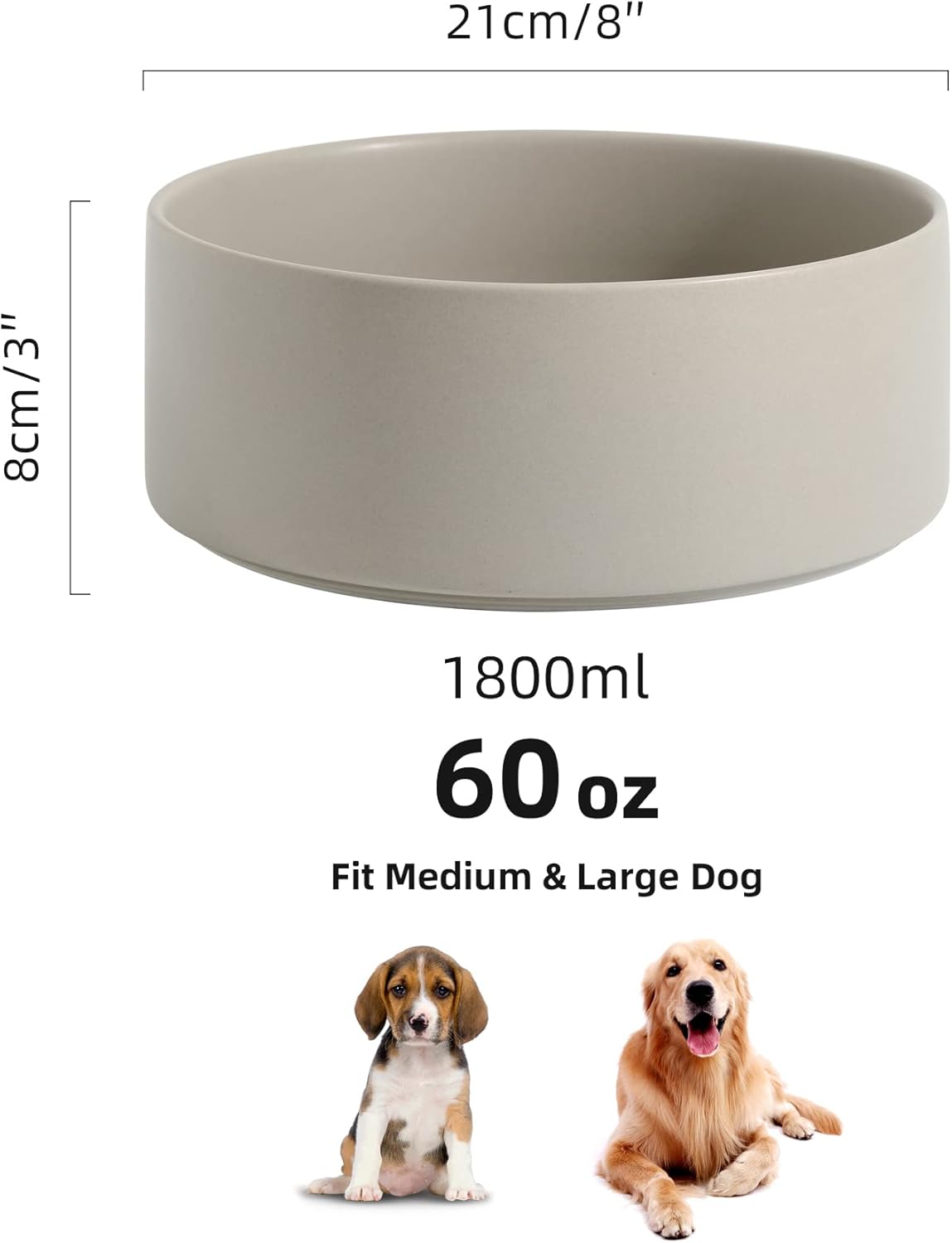 Non-Slip 8.2inch Ceramic Dog Food and Water Bowl for Large Breed Dogs, Pet Bowl for Replacement (Single Bowl, Grey)