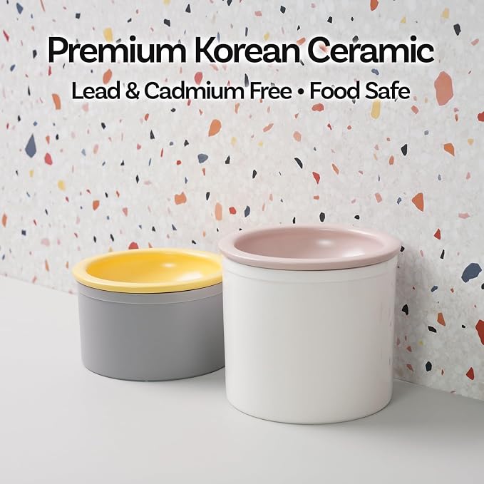 Hello Bowl Elevated Ceramic Cat Bowl with Stand, Raised Whisker-Friendly Feeding Bowl for Cats & Small Dogs, Patented Design, Made in Korea (3.9" H - Gray, Square/Dry)