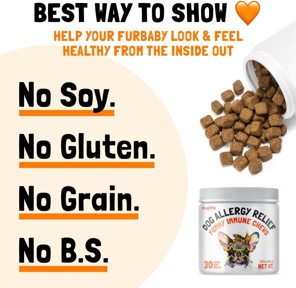 Allergy Relief Chews for Dogs & Immune & Digestive Supplement with Wild Salmon Oil Kelp Colostrum Turmeric Probiotics & Bee Pollen for Seasonal Allergies Anti Itch, Skin Hot Spots 30 Soft Treats