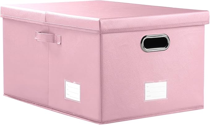 PRANDOM Collapsible Storage Box with Lid [1-Pack] Leather Fabric Foldable Storage Bin Organizer Container Basket Cube with Cover for Home Bedroom Closet Office Nursery Pink (22.8X15.7X11.8)