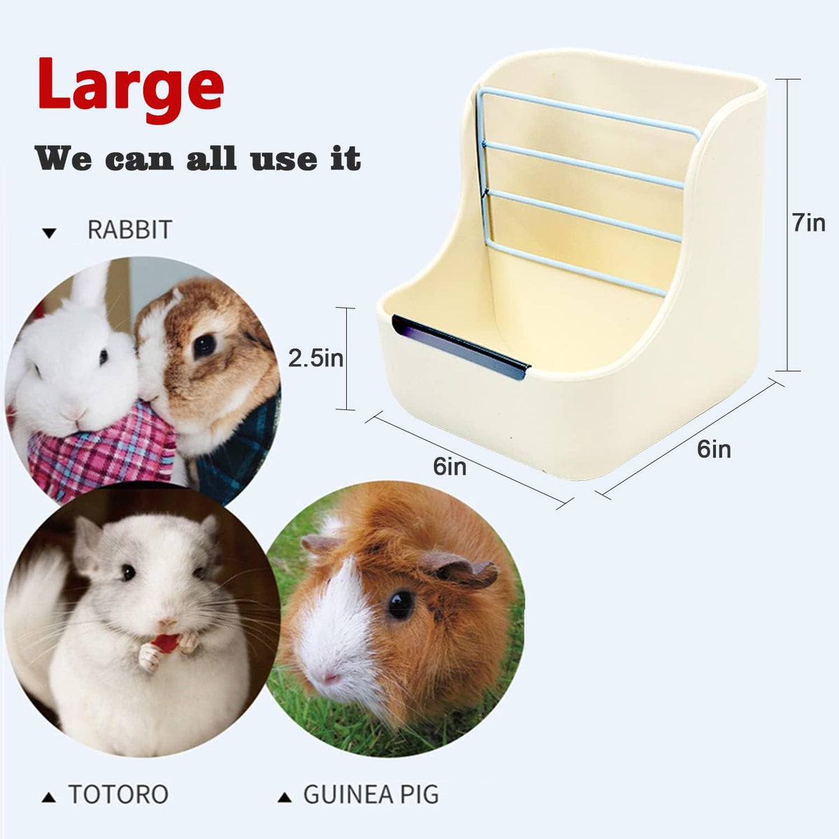HERCOCCI Rabbit Hay Food Bin Feeder and Bunny Water Bottle Set, Hay Food Feeder Bowls Manger Rack with 500ml Hanging Water Dispenser Prevent Knock Over for Rabbit Guinea Pig Chinchilla (Large, White)