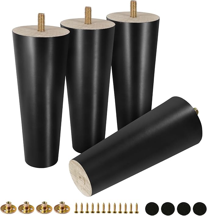 FoDau770 Black Rubber Wood Furniture Legs 6 Inches, Straight Tapered Wood Feet Mid Century Sofa Legs Set of 4, 5/16" UNC Furniture Feet for Cabinet Couch Dresser Chair Ottoman Table