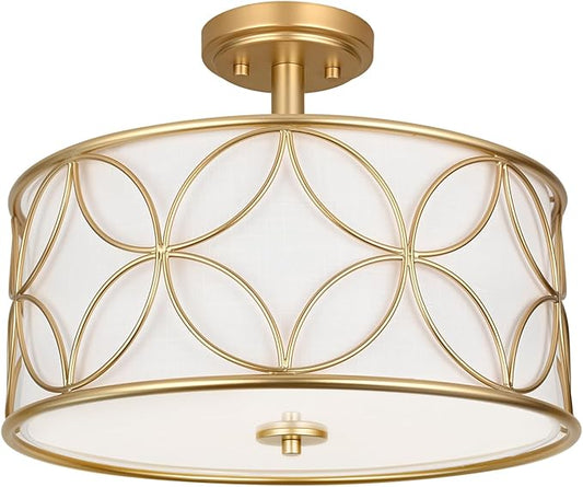 3-Light Semi Flush Mount Ceiling Light, 16" Drum Light with Fabric Shade, Modern Close to Ceiling Lamp for Living Room Bedroom Dining Room Kitchen Hallway Entry Foyer (Gold)