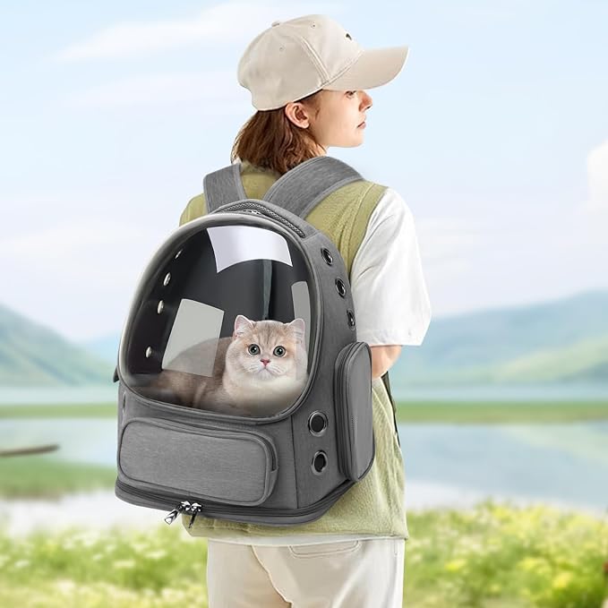 Cat Backpack Carrier for Cats and Small Dogs, Breathable Cat Bubble Backpack, Airline Approved Pet Travel Carrier for Hiking Camping Outdoor(Grey)